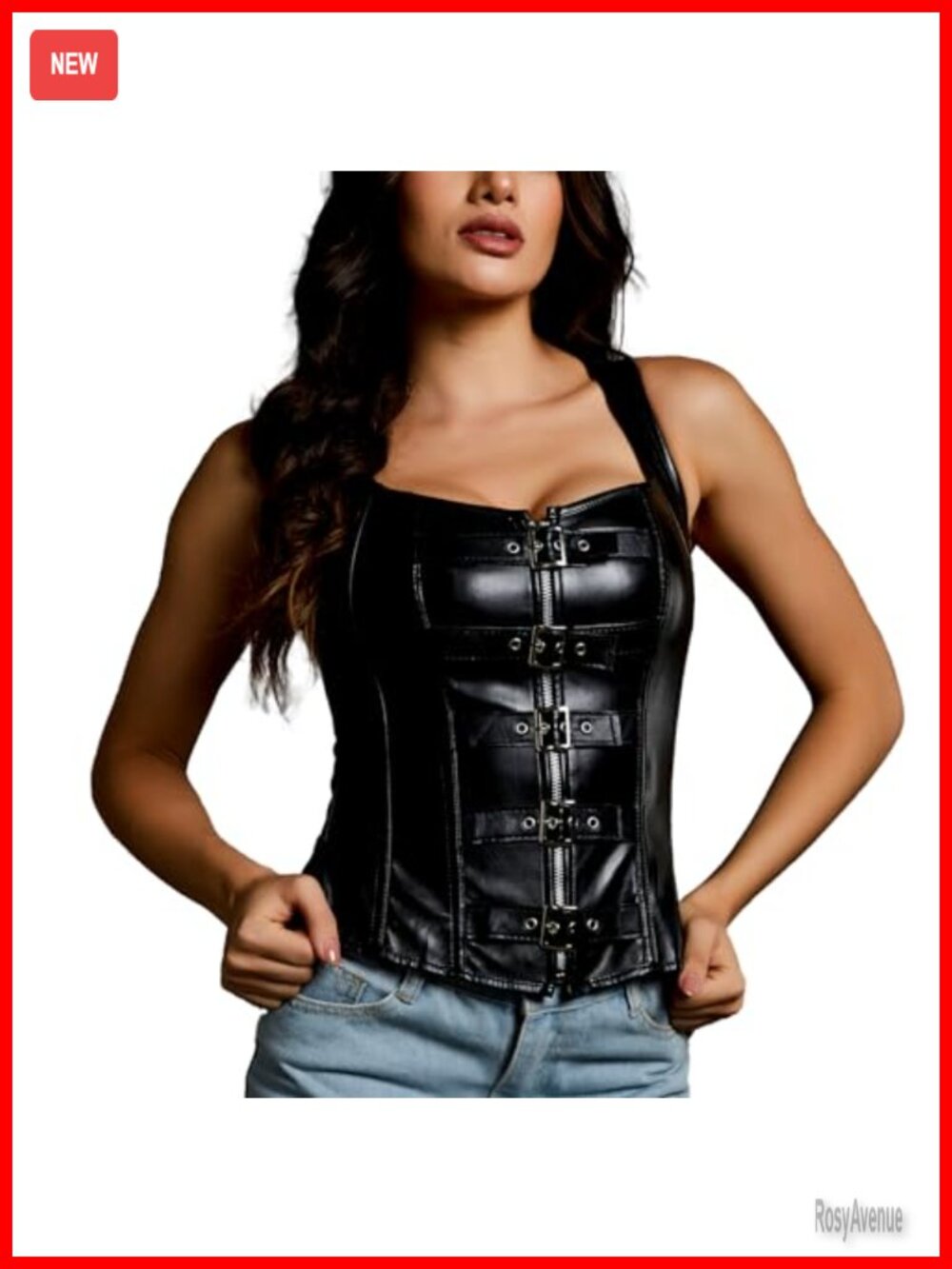 Faux Leather Buckle-Up Corset Bustier Basque with G-String